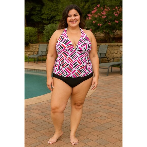 Faded Glory Halter Swim Tankini Top Large Size 12-14 Pink & Black Print - Picture 6 of 6